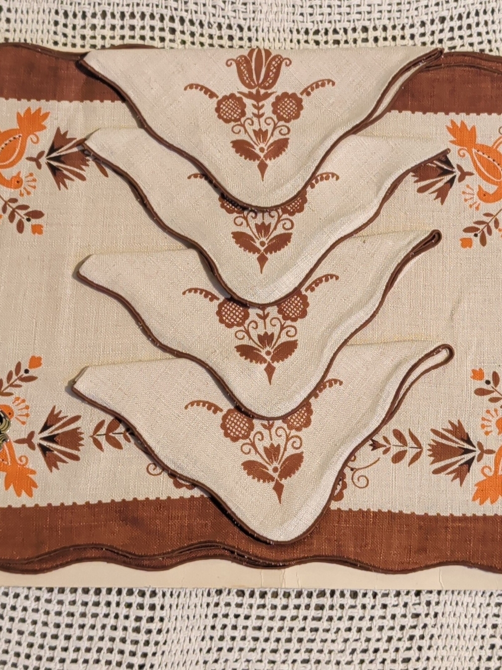Vintage Floral Linen Cocktail Napkins - Brown & Cream (Set of 4)